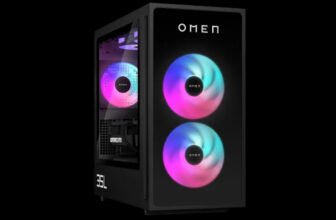 HP OMEN 35L gaming desktop angled view with RGB front fans and tempered glass side panel