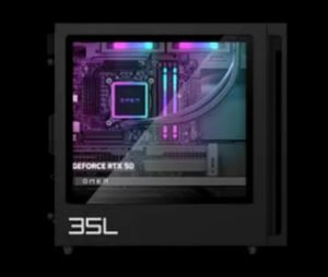 HP OMEN 35L glass side panel showing liquid cooler, RGB DDR5 memory and GeForce RTX 50 series graphics card