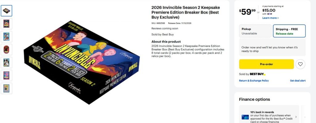 Best Buy listing for the Invincible Season 2 Keepsake Premiere Edition Breaker Box, $59.99 pre-order, release date 11/13/2026