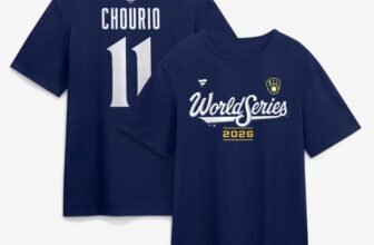 Jackson Chourio Milwaukee Brewers 2026 World Series name and number t-shirt in navy, front and back