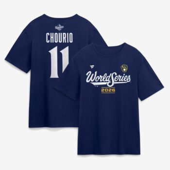 Jackson Chourio Milwaukee Brewers 2026 World Series name and number t-shirt in navy, front and back
