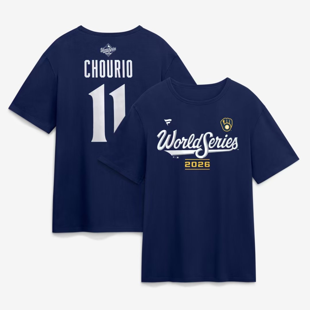 Jackson Chourio Milwaukee Brewers 2026 World Series name and number t-shirt in navy, front and back