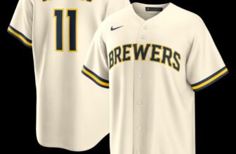 Jackson Chourio Milwaukee Brewers Nike cream home replica jersey #11, front and back