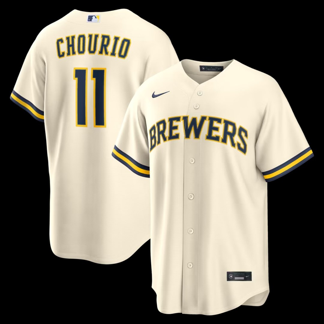 Jackson Chourio Milwaukee Brewers Nike cream home replica jersey #11, front and back