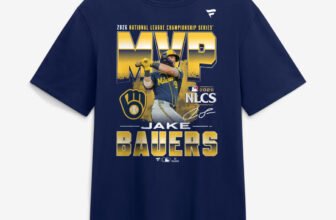 Jake Bauers Milwaukee Brewers 2026 NLCS MVP t-shirt in navy, front