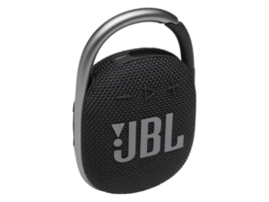 JBL Clip 4 black portable Bluetooth speaker three-quarter studio shot