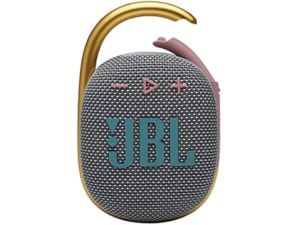 JBL Clip 4 grey mesh with pink accents and gold carabiner studio shot