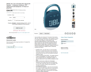 Woot listing screenshot JBL Clip 4 $34.95 Awesome Audio event