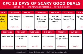 KFC 13 Days of Scary Good Deals schedule for Oct 19 to 31, 2026, starting with a free Classic Chicken Sandwich with a $5 order