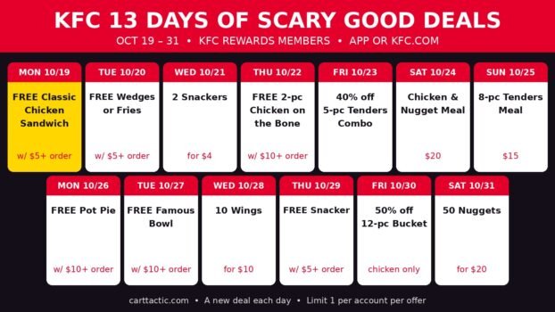 KFC 13 Days of Scary Good Deals schedule for Oct 19 to 31, 2026, starting with a free Classic Chicken Sandwich with a $5 order