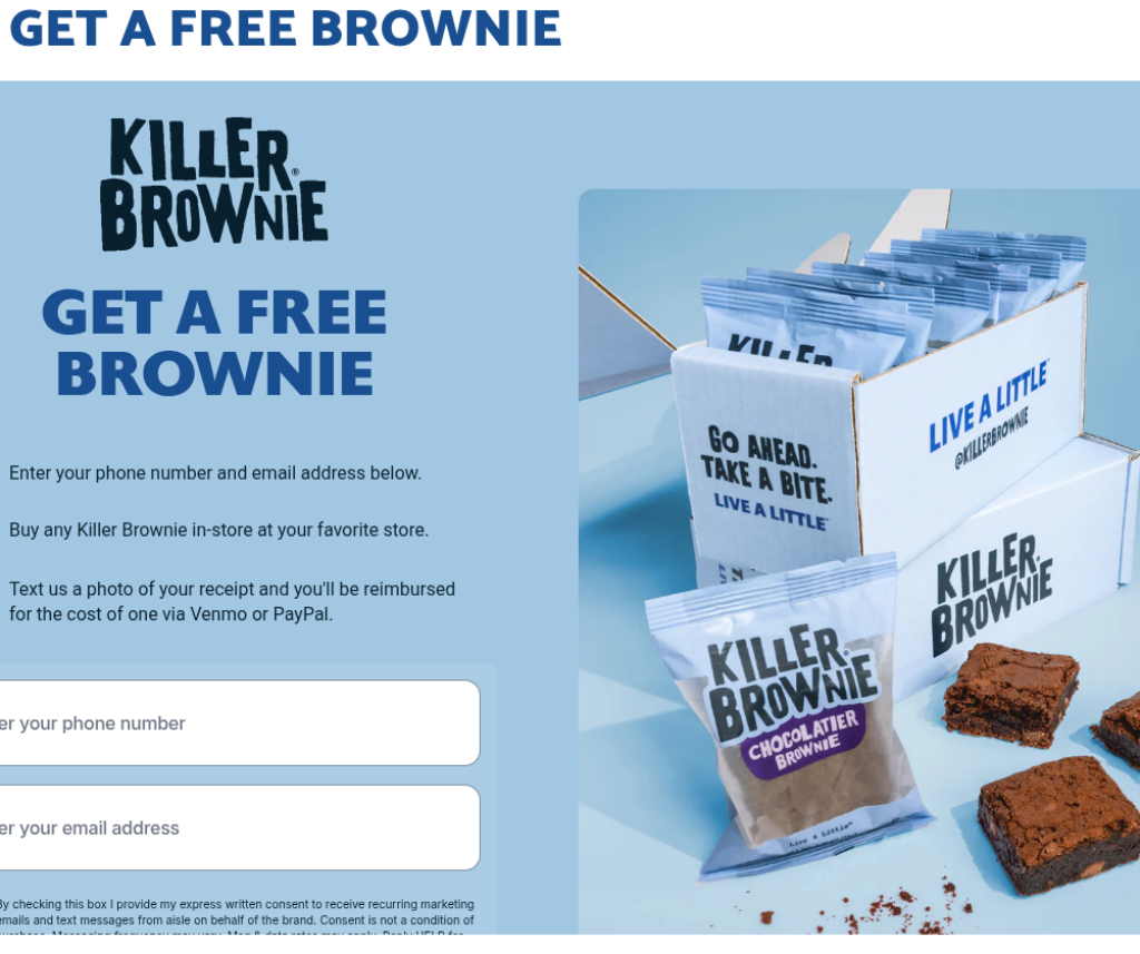 Killer Brownie Get a Free Brownie page — enter phone and email, buy in-store, text receipt, reimbursed via Venmo or PayPal