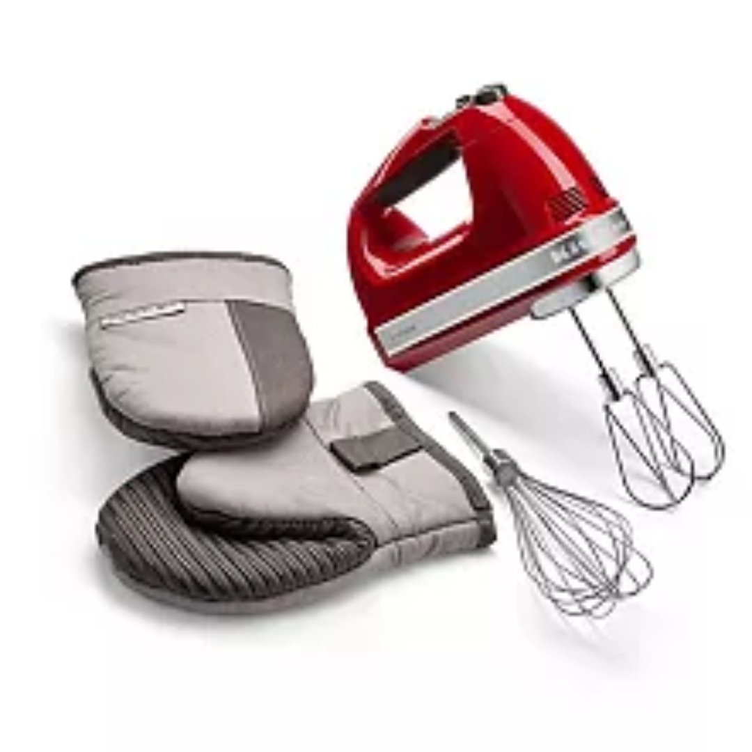 KitchenAid 7-Speed Hand Mixer in Empire Red with beaters, whisk and oven mitts
