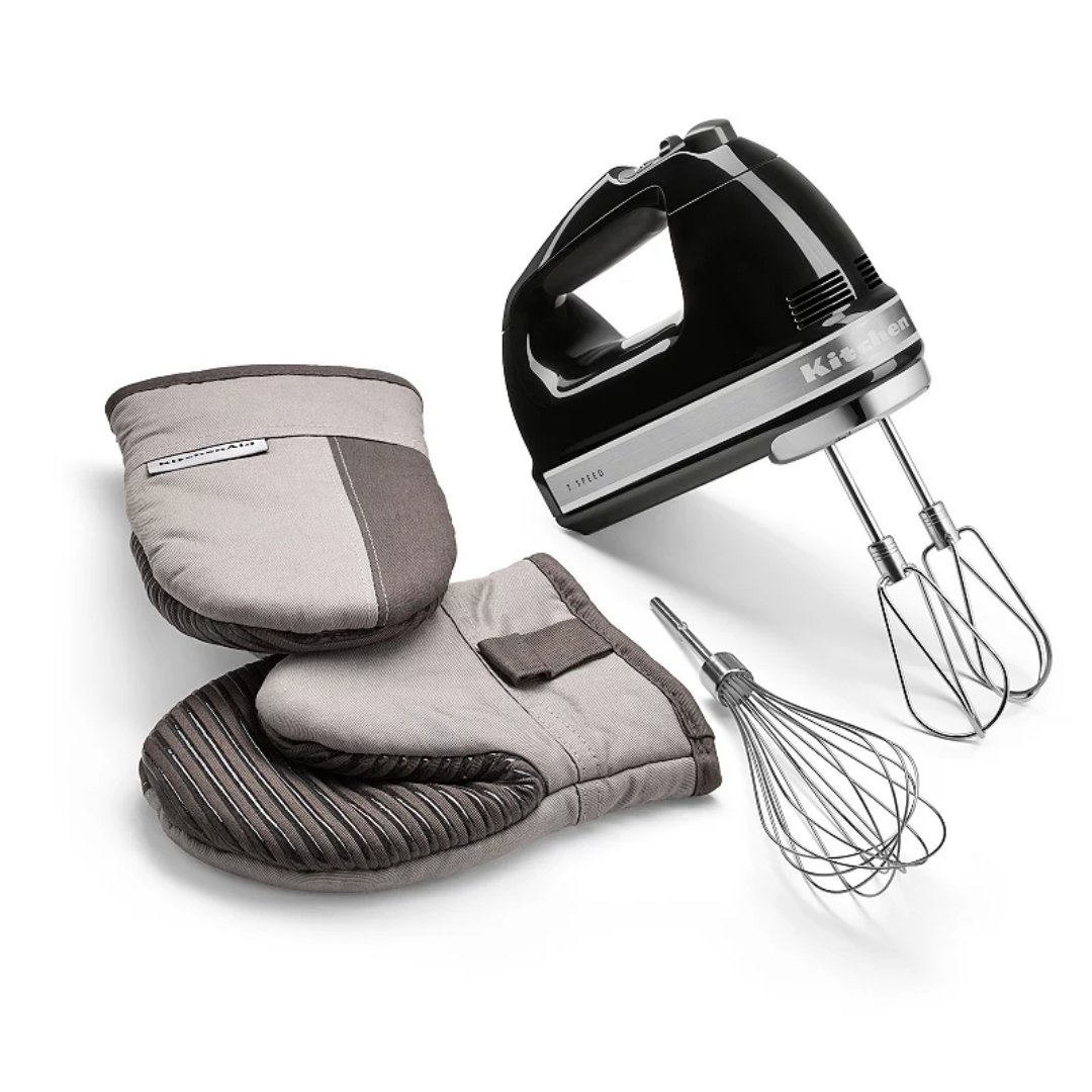 KitchenAid 7-Speed Hand Mixer in Onyx Black with flex edge beaters, pro whisk and a pair of gray oven mitts