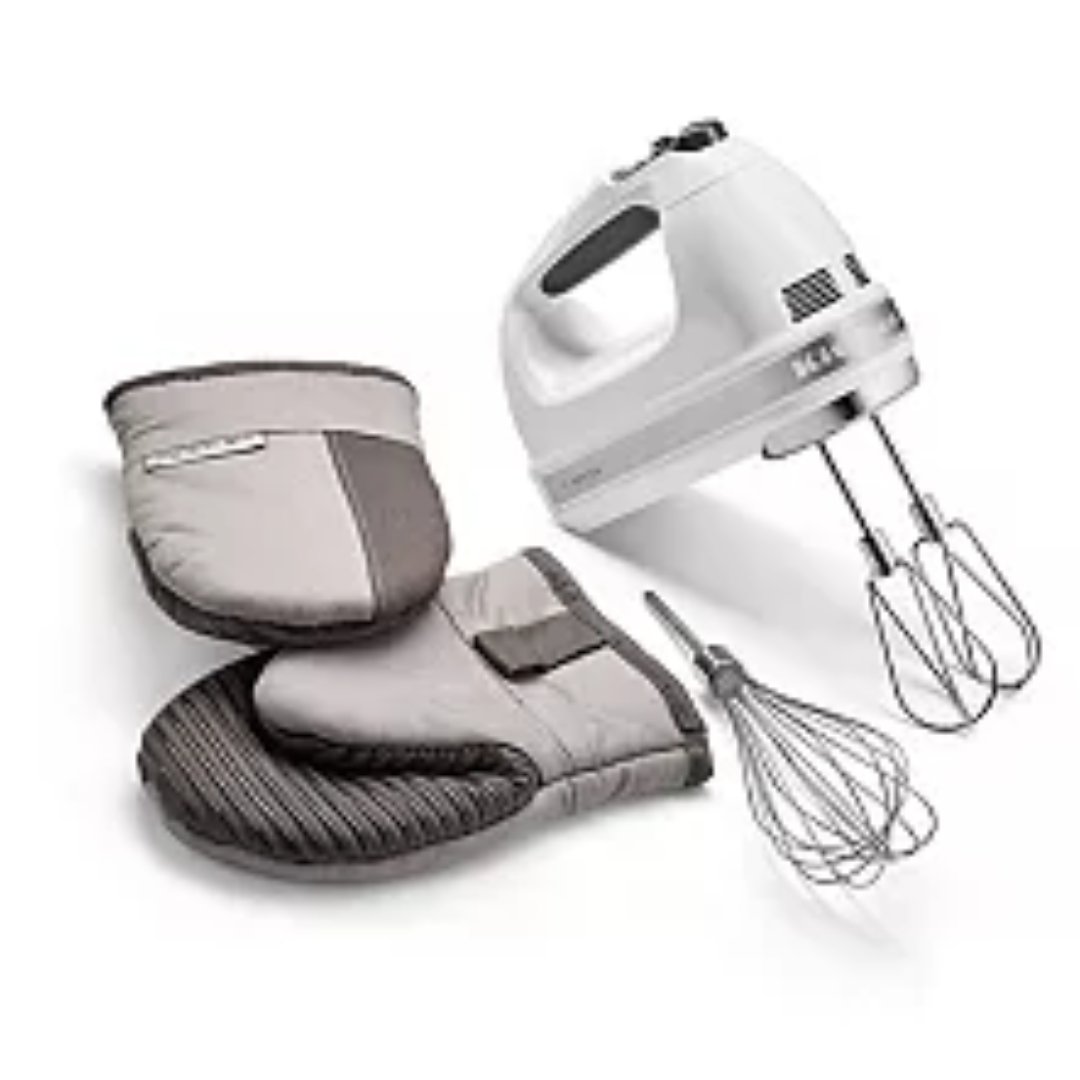 KitchenAid 7-Speed Hand Mixer in White with beaters, whisk and oven mitts