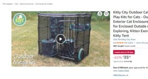 Amazon listing showing the Kitty City Outdoor Mega Kit at $35.03, 65% off the $99 typical price