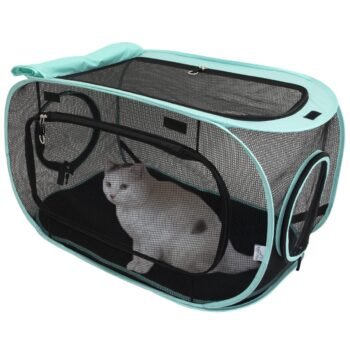 Kitty City Outdoor Mega Kit pop-up mesh cat tent with a white cat inside