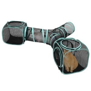 Kitty City Outdoor Mega Kit mesh tunnel connecting two play cubes with a cat inside