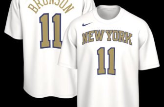 Jalen Brunson 11 Knicks Nike Trophy Collection name and number tee in white, front and back