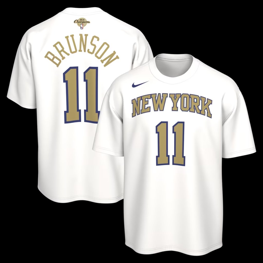 Jalen Brunson 11 Knicks Nike Trophy Collection name and number tee in white, front and back