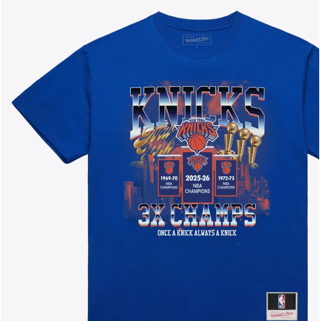 Knicks Mitchell and Ness Banner Raising 3X Champs t-shirt in blue