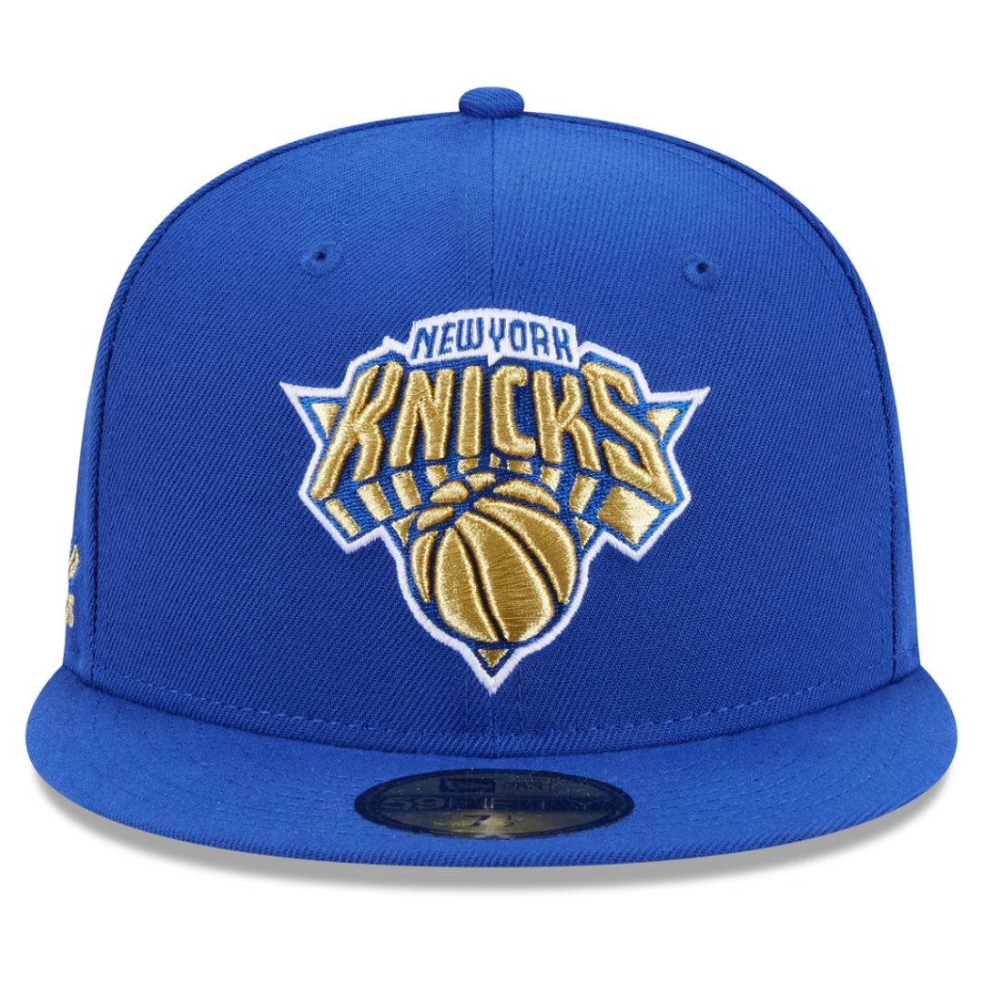Front of the blue Knicks Ring Ceremony 59FIFTY with gold Knicks logo