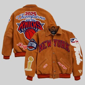 New York Knicks 2026 NBA Finals Champions Artisan suede jacket, front and back