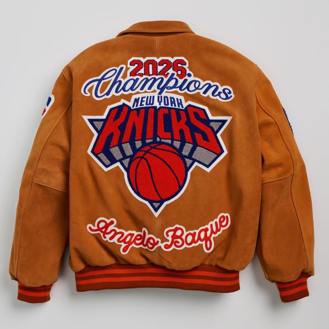 Back of the Knicks 2026 Champions Artisan jacket with chenille Knicks logo and Angelo Baque script