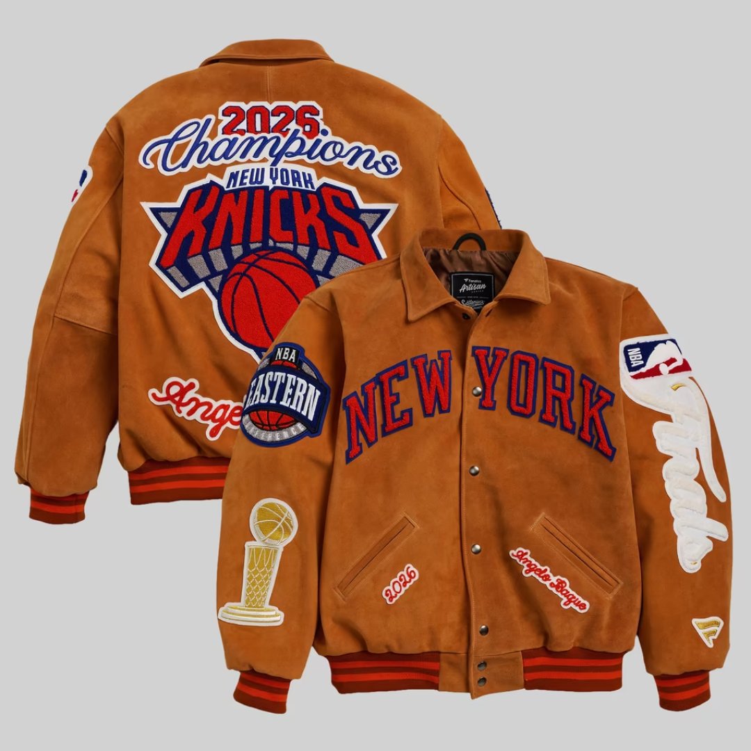 New York Knicks 2026 NBA Finals Champions Artisan suede jacket, front and back