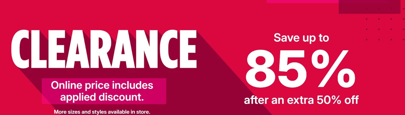 Kohl's clearance banner: save up to 85% after an extra 50% off, online price includes applied discount