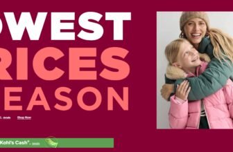 Kohl's Lowest Prices of the Season sale banner with winter coats, handbags, wallets and a vacuum, plus earn Kohl's Cash