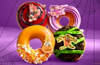 Krispy Kreme Looney Tunes Halloween doughnuts: Bugs Bunny, Lola Bunny, Tweety and Sylvester, and Taz doughnuts on a purple spiderweb background
