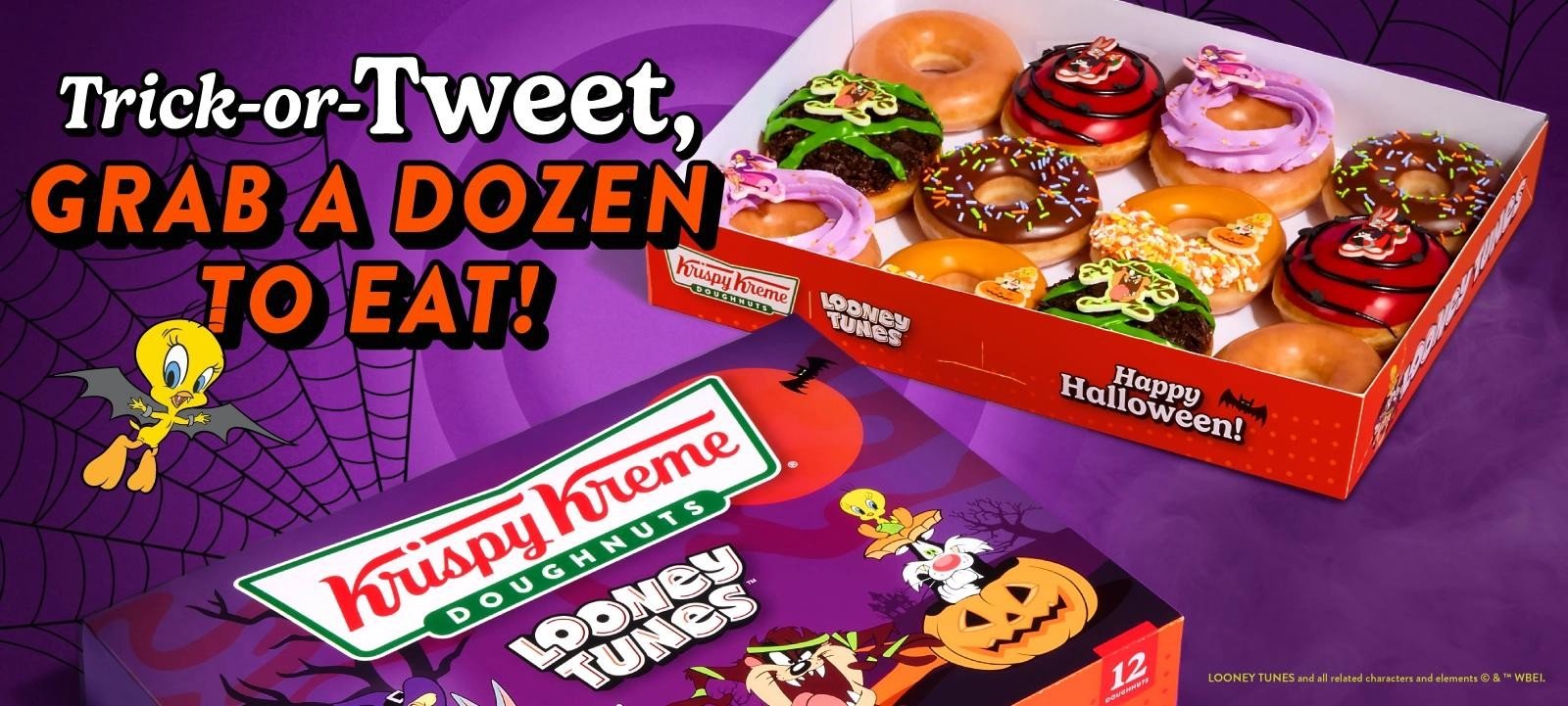 Krispy Kreme Looney Tunes Halloween dozen in a Happy Halloween box with the Looney Tunes doughnut lineup