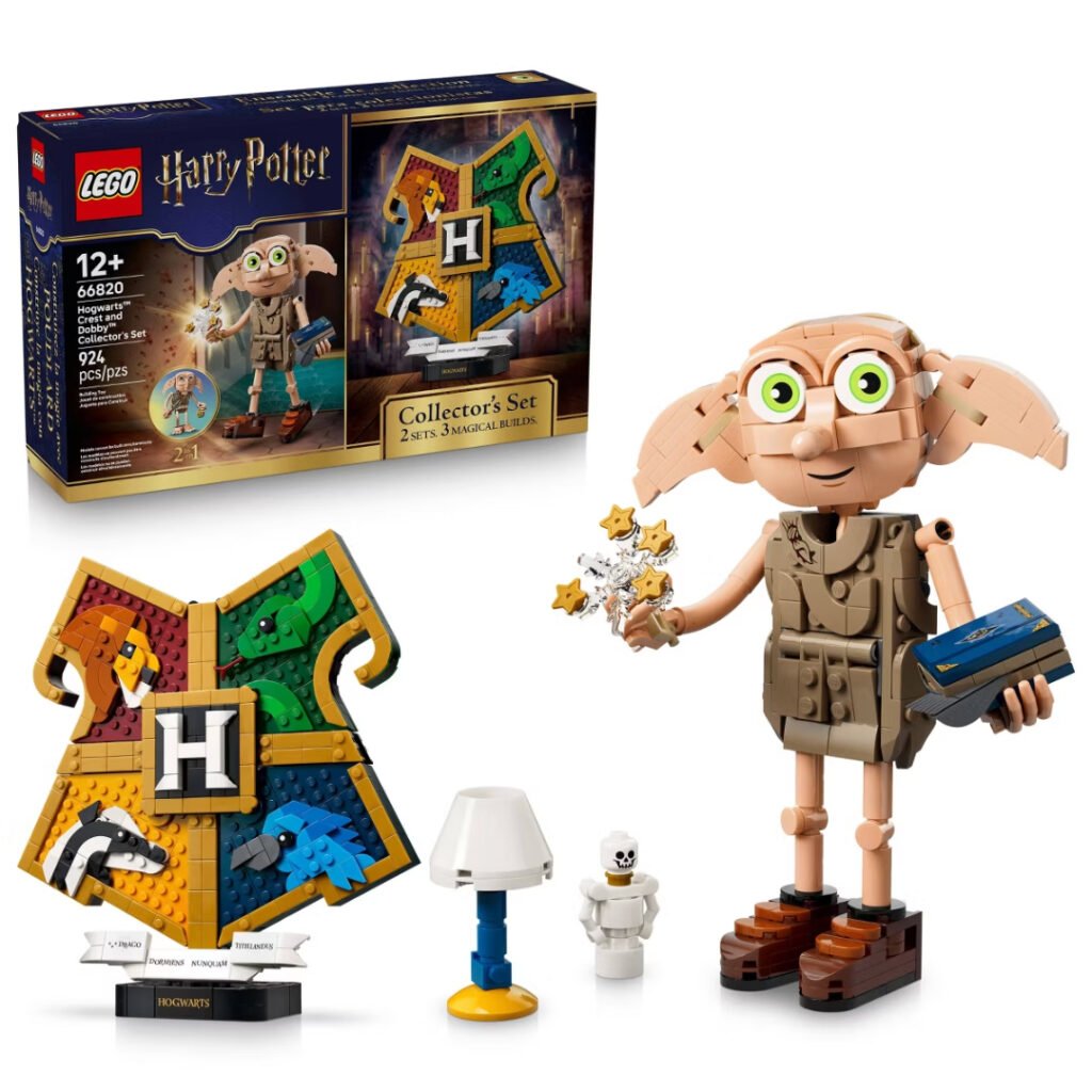 LEGO Harry Potter Hogwarts Crest and Dobby Collector Set 66820 box and built models