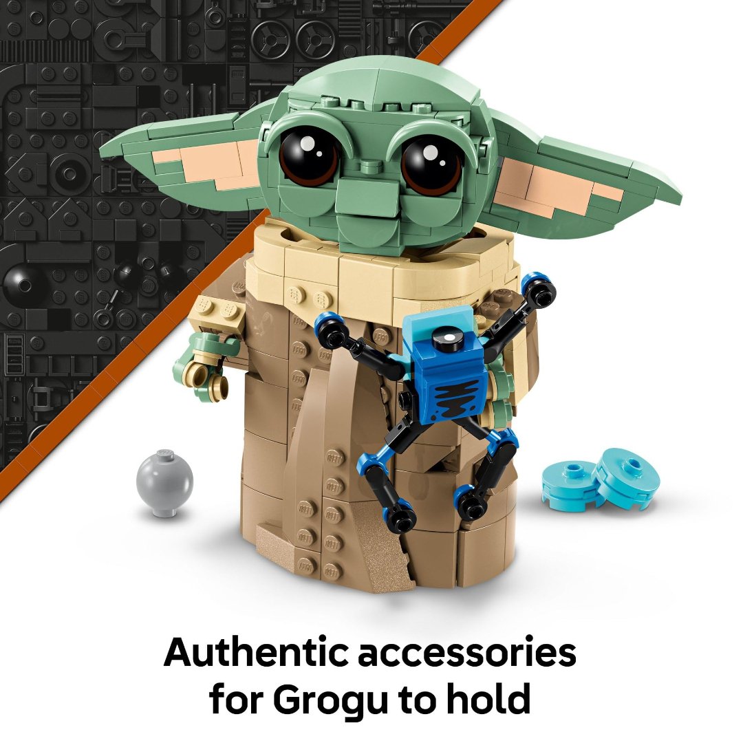 Grogu holding the Sorgan frog with shifter knob and cookie accessories