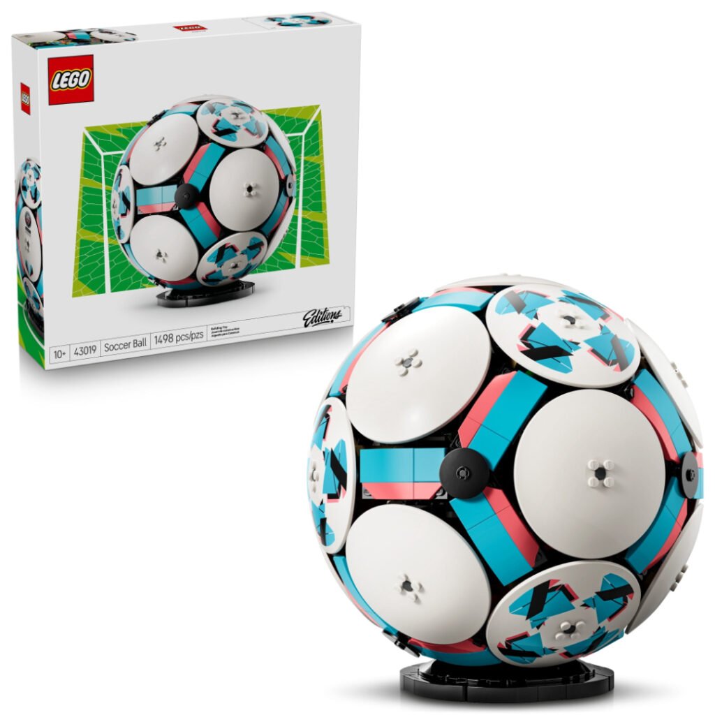 LEGO Editions Soccer Ball set 43019 box next to the built soccer ball model