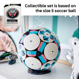 Built LEGO Editions Soccer Ball 43019 on display stand, based on the size 5 soccer ball