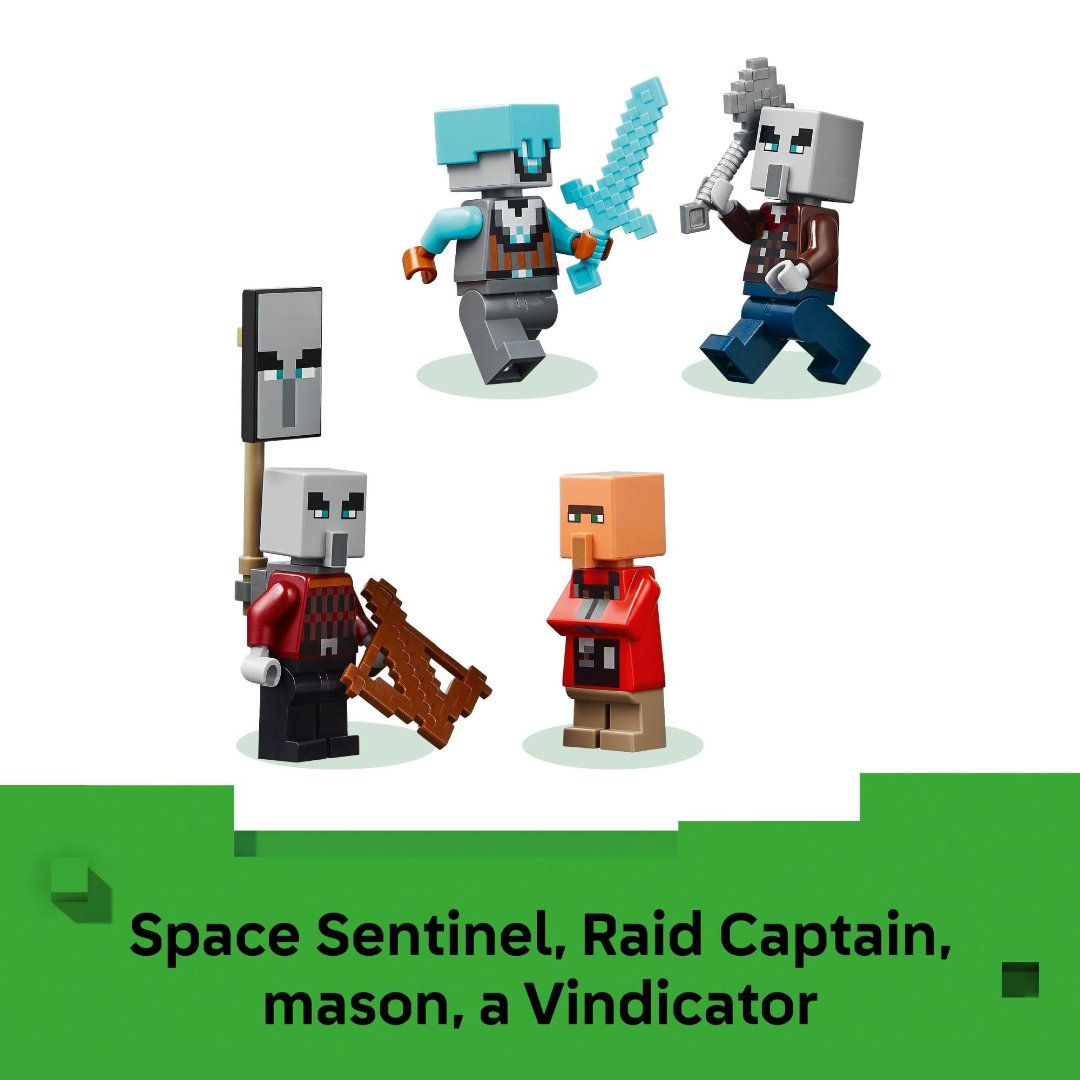 LEGO Minecraft 21278 minifigures: Space Sentinel, Raid Captain, mason villager and Vindicator