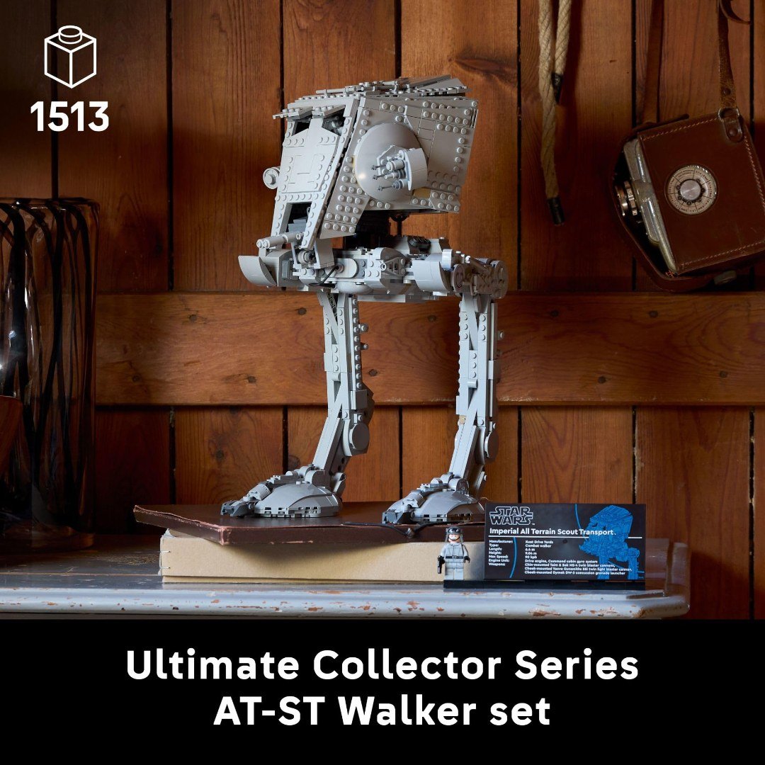 LEGO UCS AT-ST Walker 75417 displayed on a shelf