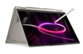 Lenovo Yoga 7a 2-in-1 AMD 16-inch Copilot+ PC in tent mode with pen