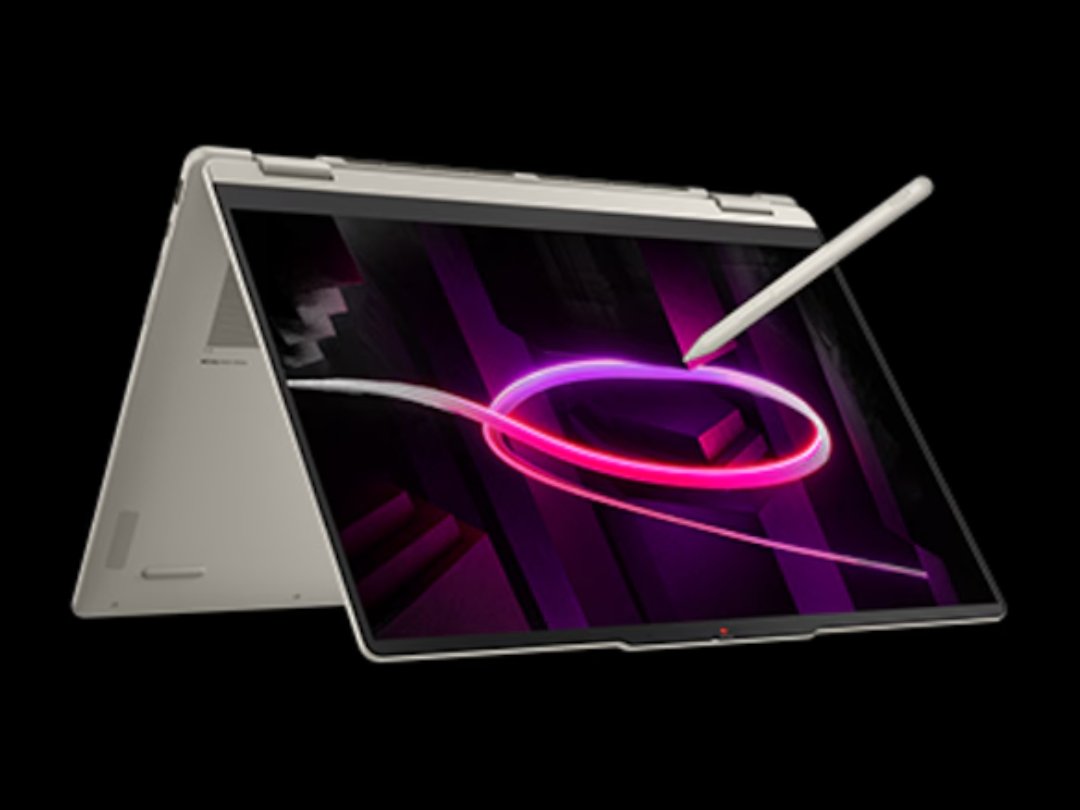 Lenovo Yoga 7a 2-in-1 16-inch in tent mode with pen on black background