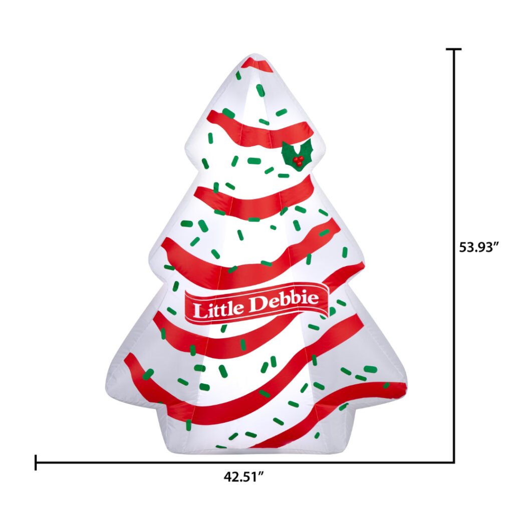 Little Debbie Christmas Tree Cake inflatable dimensions, about 42.5 in wide by 53.9 in tall