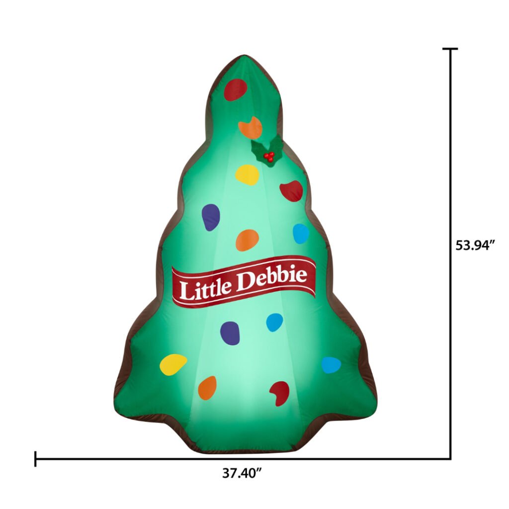 Little Debbie Green Christmas Tree Brownie inflatable dimensions, about 37.4 in wide by 53.9 in tall