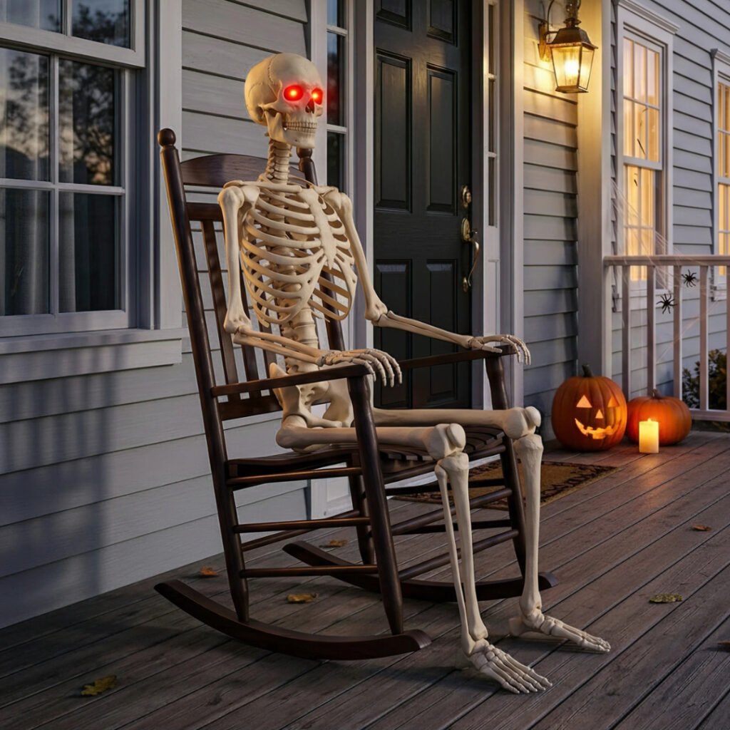 Haunted Living 5-ft Ultra Posable Skeleton with red LED eyes sitting in a rocking chair