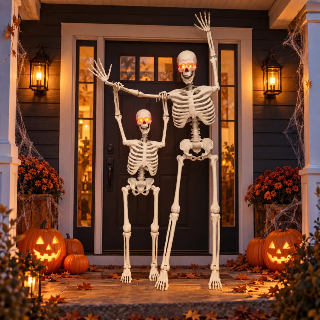 Haunted Living 5-ft Ultra Posable Skeleton posed waving on a front porch