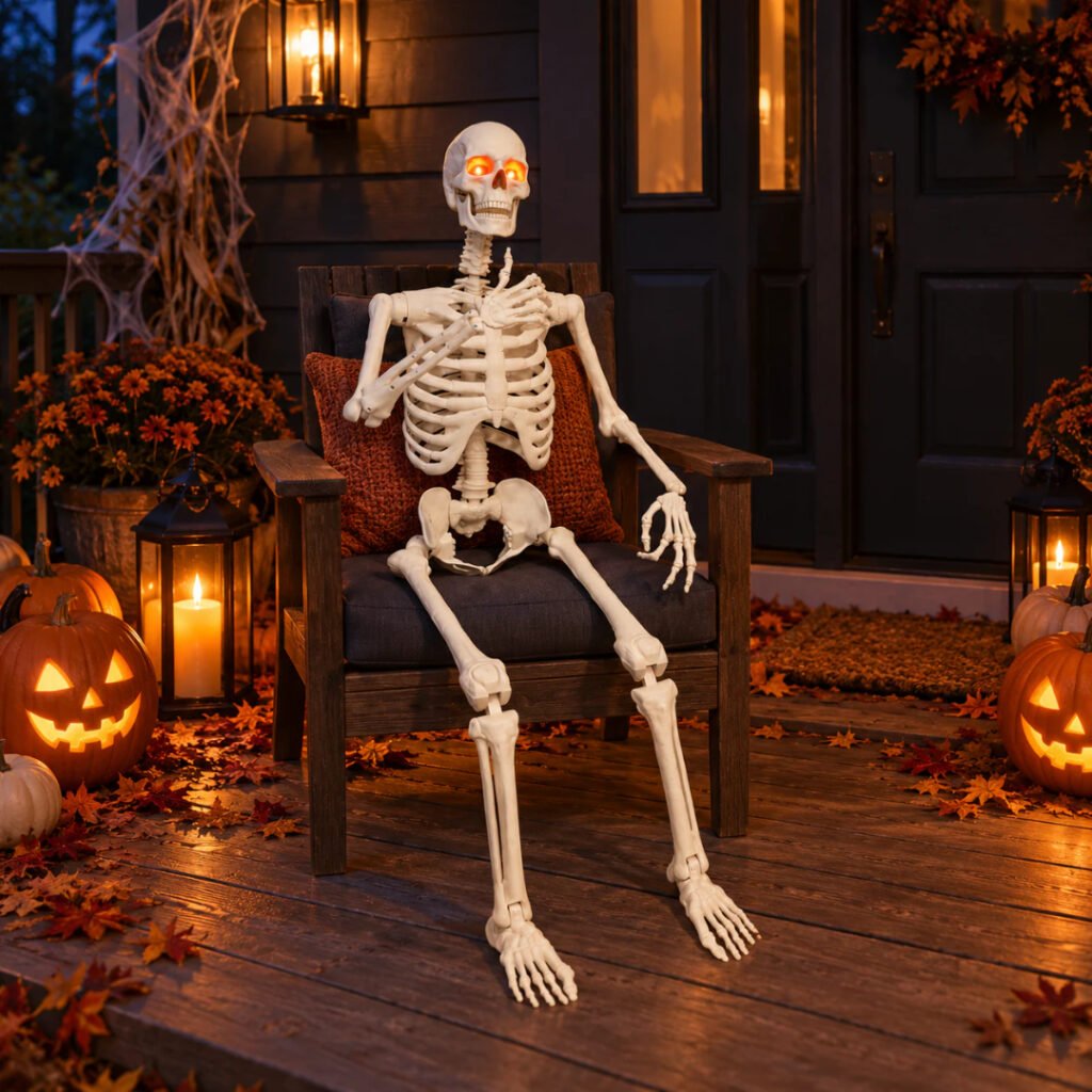 Haunted Living 5-ft Ultra Posable Skeleton sitting in a porch chair