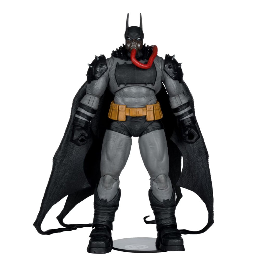 Absolute Batman figure with red rebreather hose and wing-like cape tendrils on display stand
