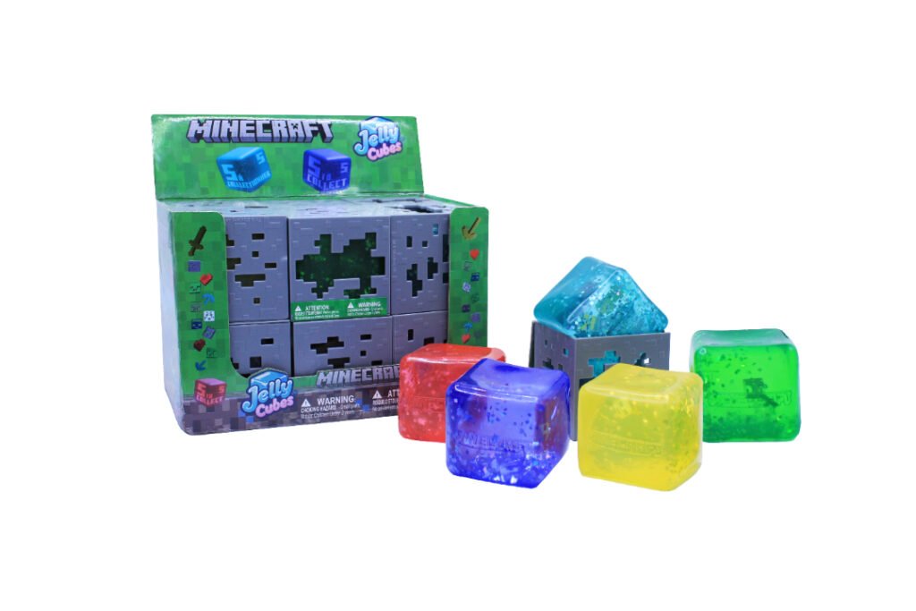 Minecraft Jelly Cubes retail display with squishy cubes out of packaging