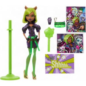 Monster High Dawn of the Dance Clawdeen with stand, iCoffin, purse, brush, photos and invitation