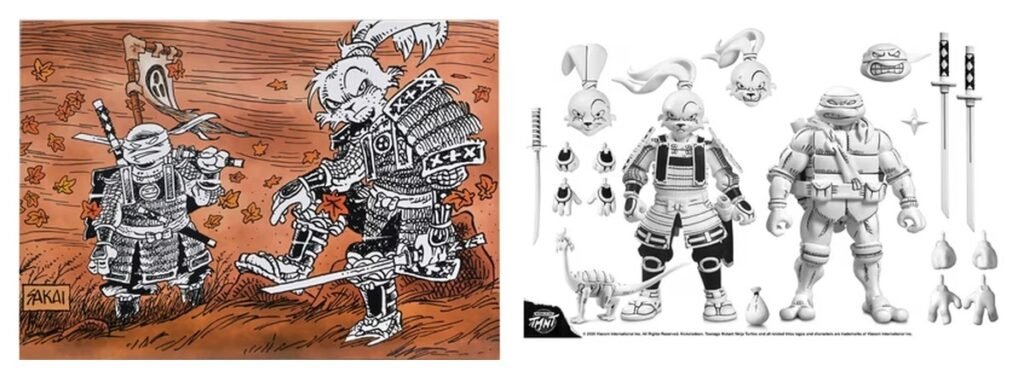 NECA Usagi Yojimbo x TMNT Leonardo Autumn Edition collector set: Stan Sakai art and the two 7-inch figures with accessories