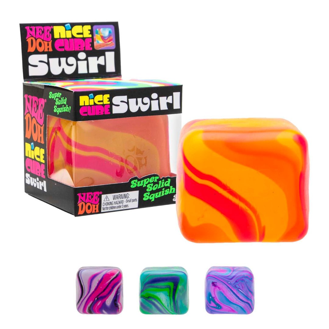 NeeDoh Nice Cube Swirl box with an orange swirl cube